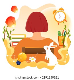 Celebrating mid-autumn festival and teacher's day, teacher is working hard with moon and windows in background, vector illustration