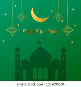 Celebrating Milad Un-Nabi featuring design of mosque, moon and sparks. trans: Birth of Prophet Muhammad
