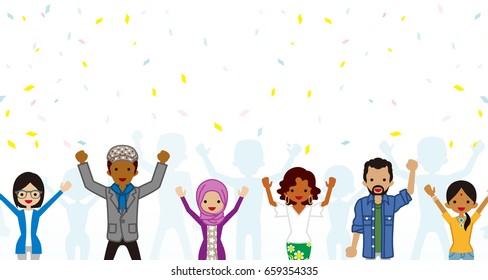 Celebrating Multi Ethnic young adults Group in confetti background