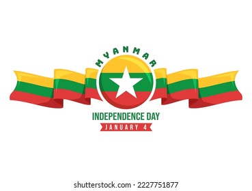 Celebrating Myanmar Independence Day on January 4th with Flags in Flat Cartoon Background Hand Drawn Templates Illustration