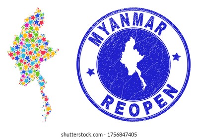 Celebrando el collage de mapas de Myanmar y reabriendo la marca de agua rasgada. Collage de vectores El mapa de Myanmar se forma con estrellas al azar, corazones, globos. Sello azul redondeado con textura de goma gruesa.