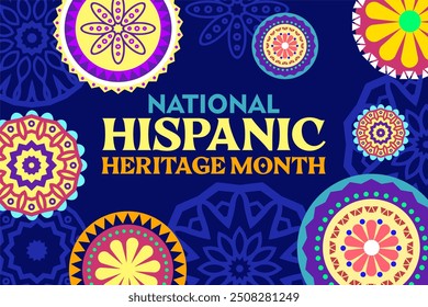 Celebrando el Mes Nacional de la Herencia Hispana: Ilustración vectorial vibrante con los patrones tradicionales de Latina American y tipografía audaz para eventos culturales y festividades.