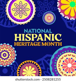 Comemorando o Mês da Herança Hispânica Nacional: ilustração vibrante de vetores com padrões tradicionais latino-americanos e tipografia arrojada para eventos culturais e festividades.