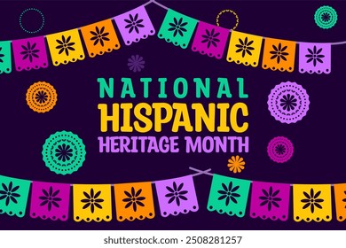 Celebrating National Hispanic Heritage Month: Vibrant vector illustration with traditional Latin American patterns and bold typography for cultural events and festivities.