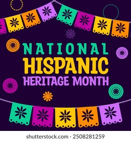 Comemorando o Mês da Herança Hispânica Nacional: ilustração vibrante de vetores com padrões tradicionais latino-americanos e tipografia arrojada para eventos culturais e festividades.