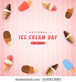 Celebrating National Ice Cream Day with colorful cones and popsicles, ideal for summer themed design and event promotion.