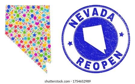 Celebrating Nevada State map mosaic and reopening dirty stamp seal. Vector mosaic Nevada State map is organized of random stars, hearts, balloons.