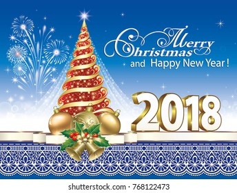 Celebrating the New Year 2018 with a Christmas tree and fireworks.Vector illustration