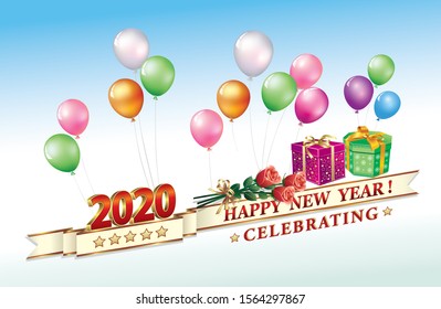 Celebrating New Year 2020. Greeting card with gifts and flowers on a background of balloons. Vector illustration