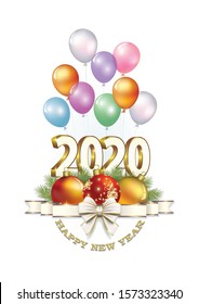 Celebrating New Year 2020. Greeting card with a date, balls and balloons on a white background. Vector illustration