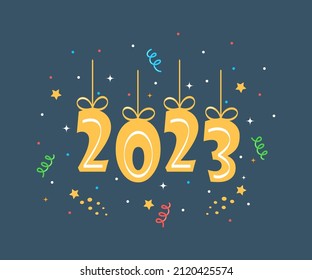 Celebrando Año Nuevo 2023. Colgando números de oro con cintas, petardos, confeti, fuegos artificiales, carnaval. Tarjeta de saludo de Año Nuevo. Ilustración del vector