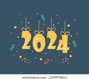 Celebrando Año Nuevo 2024. Colgando números de oro con cintas, petardos, confeti, fuegos artificiales, carnaval. Tarjeta de saludo de Año Nuevo. Ilustración del vector