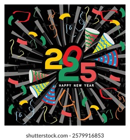 Celebrating New Year 2025 with colorful party elements, confetti, and decorative hats, symbolizing festivity, joy, and the start of a new chapter. Flat vector modern illustration