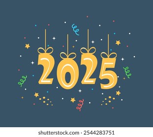 Celebrando el Nuevo año 2025. Colgar números de oro con cintas, petardos, confeti, fuegos artificiales, carnaval. Tarjeta de felicitación del Año Nuevo. Ilustración vectorial