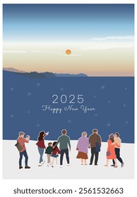 Celebrating New Year 2025 with people watching the sunrise from the sea.