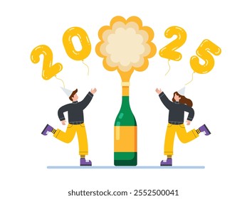 Celebrating New Year 2025 with Sparkling Balloon and Bottle. Flat Vector Illustration