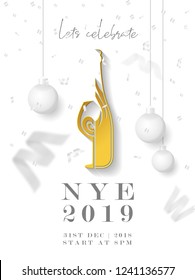 Celebrating New Year Eve (NYE 2019) Beautiful Holiday Vector Background with Wine Bottle and Glass 