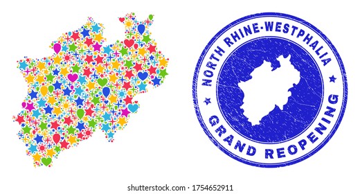 Celebrating North Rhine-Westphalia Land map collage and reopening grunge stamp. Vector collage North Rhine-Westphalia Land map is formed with scattered stars, hearts, balloons.