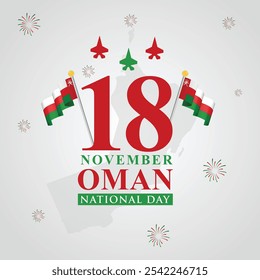 Celebrating Oman national day post. Oman national day November 18 square banner background. Oman national flag. National flag background. Oman Independence Day. Typography Post, greeting, vector