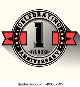 Celebrating one year anniversary logo vintage emblem with red ribbon, Retro vector design isolated on white background