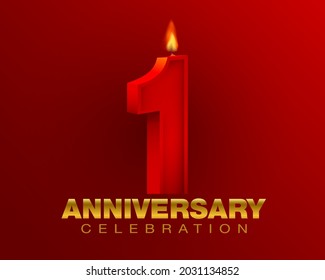 Celebrating one year anniversary. red number 1 and candle lights on red background. bright golden celebration font festival illustration, wedding, birthday Realistic file.