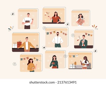Feiern Sie das Online-Konzept. Sammlung verschiedener Browser-Fenster mit Büro- und Home-Zeichen. Moderne Technologien und digitale Welt. Cartoon-flache Vektorgrafiken einzeln auf beigem Hintergrund