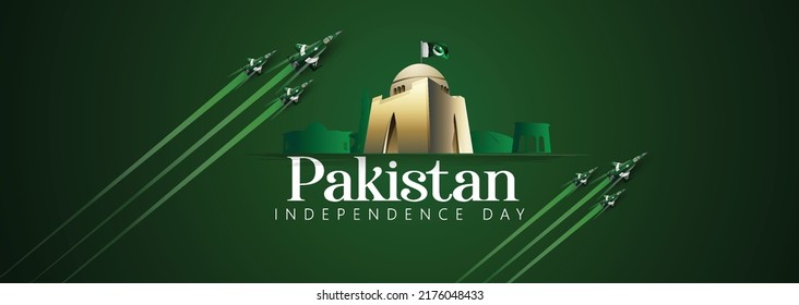 Celebrating Pakistan Independence Day 3D text 14 August, waving  flag on green background