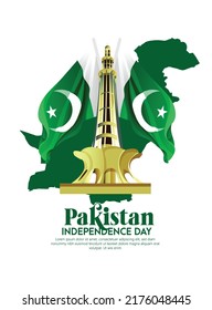Celebrating Pakistan Independence Day 3D text 14 August, waving  flag on green background