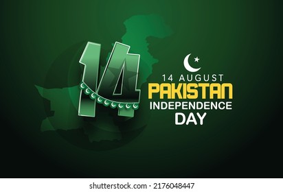 Celebrating Pakistan Independence Day 3D text 14 August, waving  flag on green background