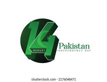 Celebrating Pakistan Independence Day 3D text 14 August, waving  flag on green background