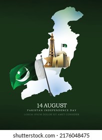 Celebrating Pakistan Independence Day 3D text 14 August, waving  flag on green background