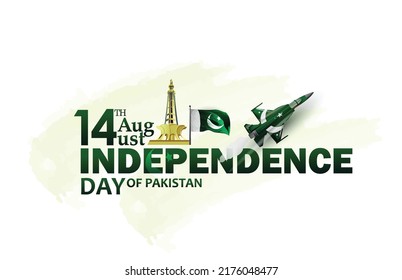 Celebrating Pakistan Independence Day 3D text 14 August, waving  flag on green background