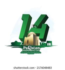 Celebrating Pakistan Independence Day 3D text 14 August, waving  flag on green background