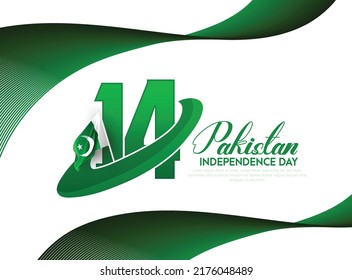 Celebrating Pakistan Independence Day 3D text 14 August, waving  flag on green background