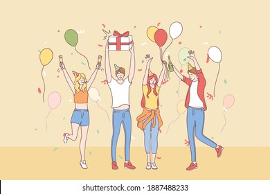 Celebrating, party, birthday concept. Group of happy young people friends cartoon characters in festive hats raising hands celebrating holiday with confetti, champagne and present boxes together 