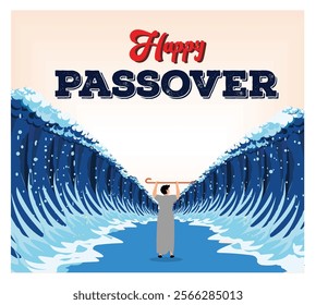 Celebrating Passover, showing Moses parting the sea, symbolizing the religious holiday and its cultural significance in a meaningful. Flat vector modern illustration 