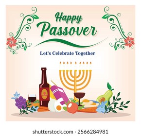 Celebrating Passover with this festive composition featuring traditional items, a menorah, and decorative elements to emphasize the joyful holiday spirit and meaning of togetherness. 