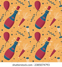 Celebrando el patrón en un estilo minimalista plano. Elementos de Año Nuevo, aniversario o fiesta de cumpleaños dibujados a mano en estilo plano con textura punteada sobre fondo amarillo para fondo, envoltura, textil