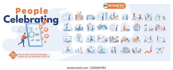 Celebrating people concept illustration, collection of male and female business people scenes in the Celebrating people scene. mega set flat vector modern illustration