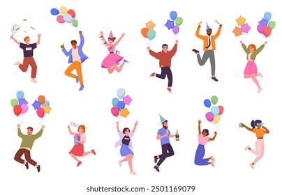 Celebrando a la gente. Hombres y mujeres felices celebran la fiesta, personajes con caja de regalo, globos y champán en el juego de Ilustración vectorial plana de la fiesta de cumpleaños. Alegres amigos celebrando