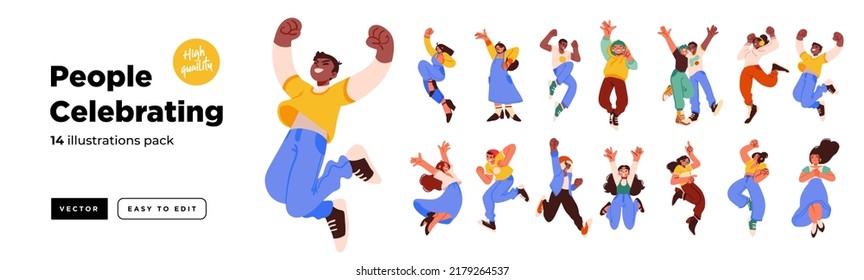 Celebrating people illutrations. Collection of scenes with men and women happy jumping celebrating event or ceremony. - Shutterstock ID 2179264537