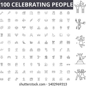 Celebrating people line icons, signs, vector set, outline illustration concept 