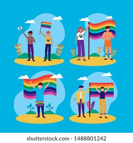 celebrating people with rainbow flags - queer community lgbtq vector illustration