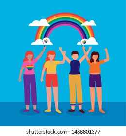 celebrating people with rainbow flags - queer community lgbtq vector illustration
