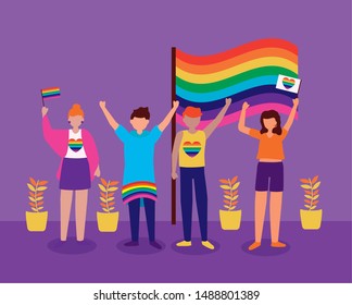 celebrating people with rainbow flags - queer community lgbtq vector illustration