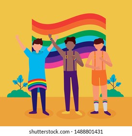 celebrating people with rainbow flags - queer community lgbtq vector illustration
