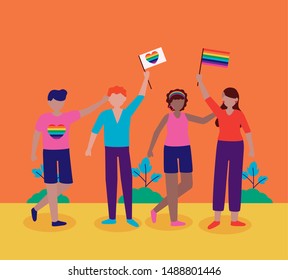 celebrating people with rainbow flags - queer community lgbtq vector illustration