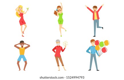 Celebrating People Set, Happy Young Men and Women Dancing, Drinking Alcohol Drinks, Having Fun at Party Vector Illustration
