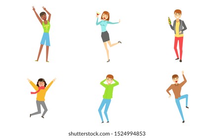 Celebrating People Set, Happy Young Men and Women Dancing, Jumping, Drinking Alcohol Drinks, Having Fun at Party Vector Illustration