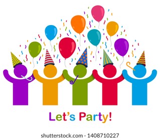 Celebrating people vector concept simple illustration or icon, celebration anniversary or holiday fun, group of cheerful happy people having fun at party.